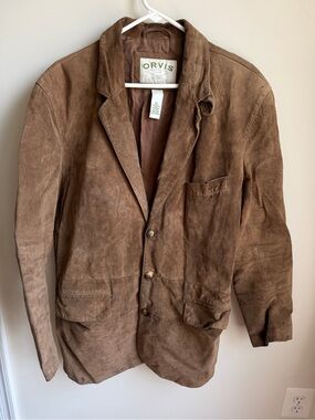 Orvis 42L Leather Suede Blazer Jacket Dark Brown Wear Noted